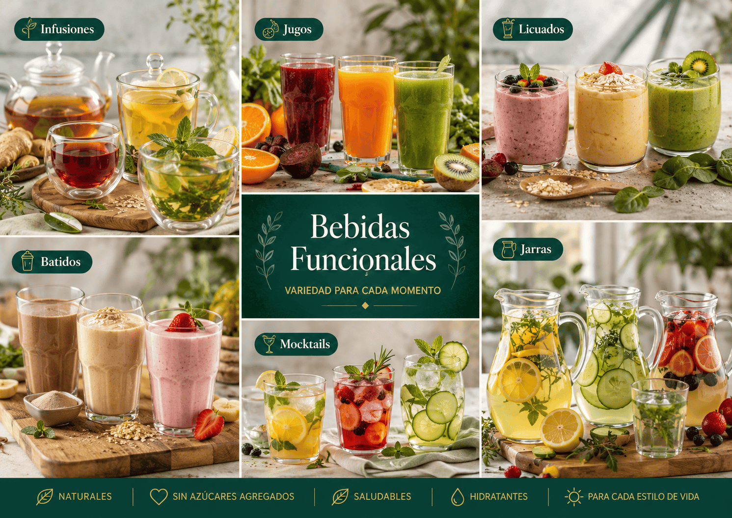 Variedad de bebidas funcionales caseras